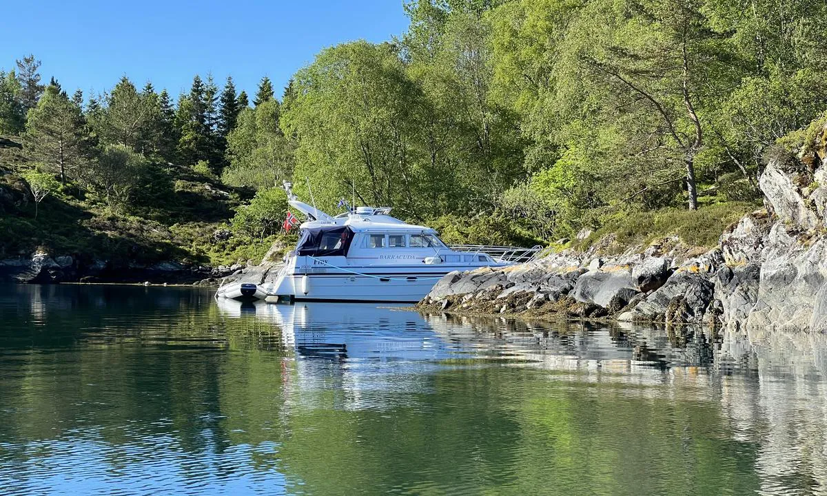 Ådnøya: I le for nordvind. Gressbakke og strand rett ved.