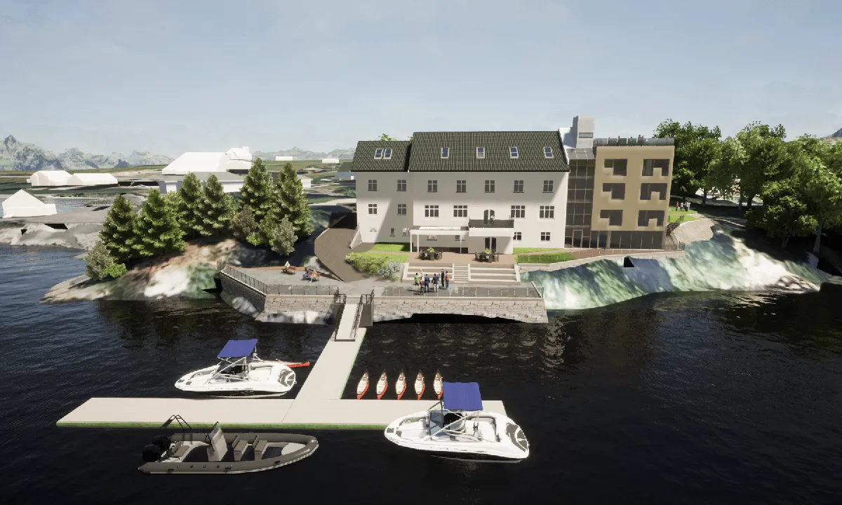 Bioligen: Nyoppusset overnattingsted og resturant med frytebeygge fra 2024. NB: Dette bildet er en arkitektonisk illustrasjon, laget før bygget ble reist.