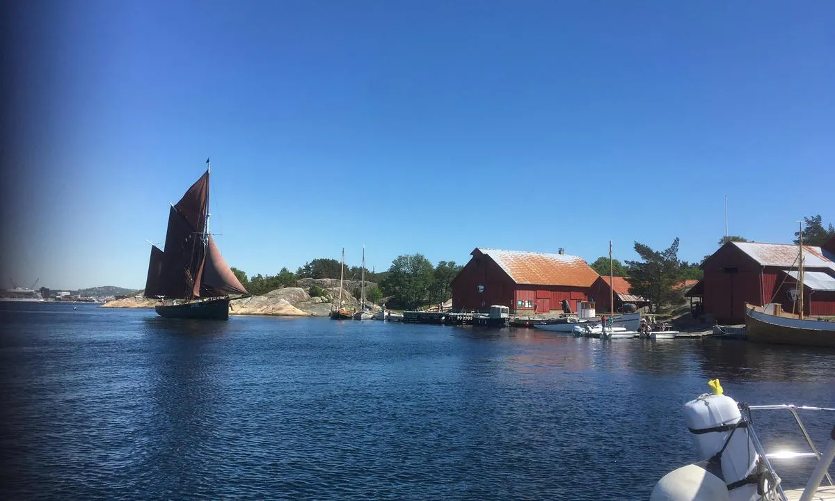Bragdøya gjestehavn: Nydelig skute (Boy Leslie) seiler forbi 30 mai 2020..