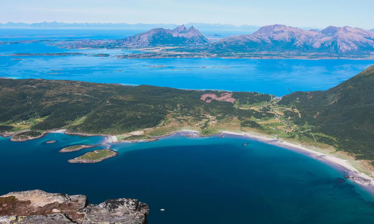 Brennvik: North part of the bay seen from Stortinden. Depth is 20 meters where the boat is at anchor.