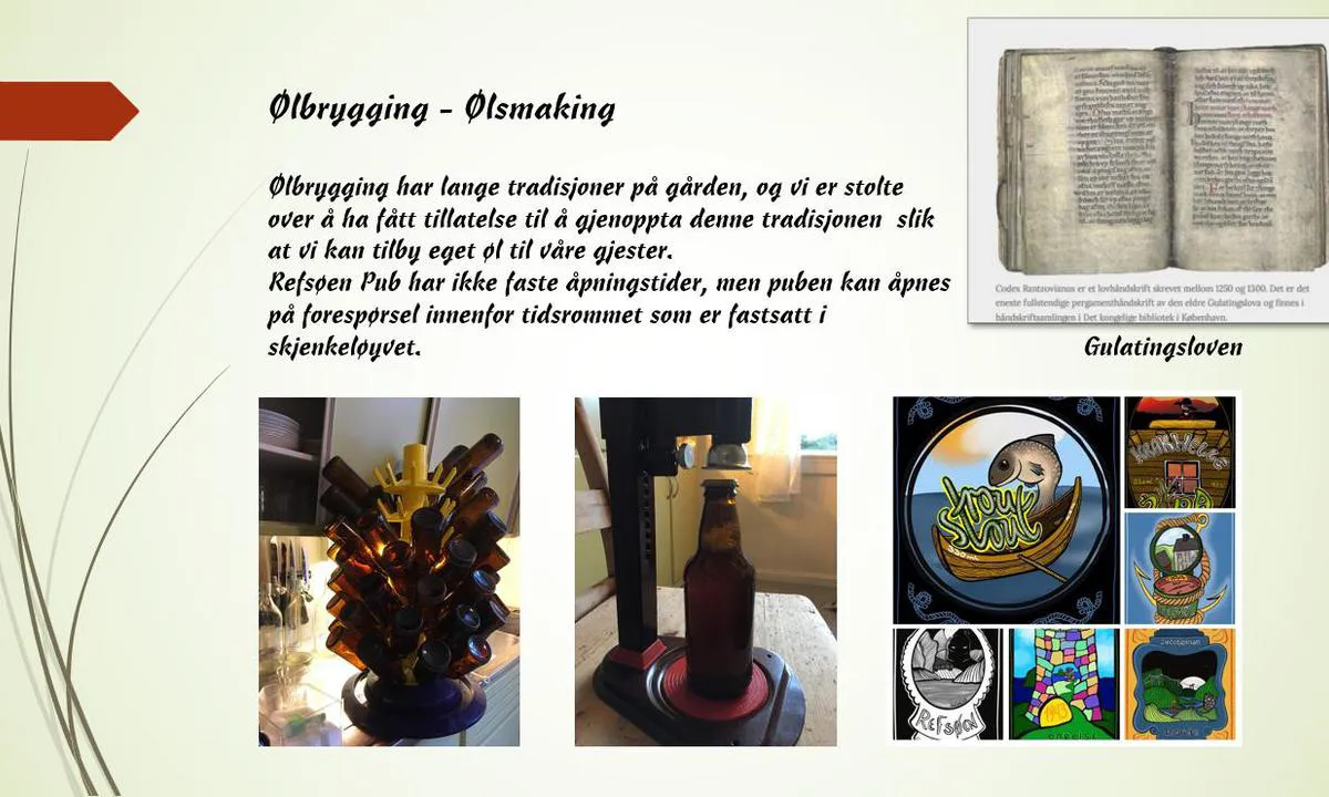 Buskøy: {"base": "no", "no": "I puben er det mulig \u00e5 smake p\u00e5 v\u00e5rt lokale \u00f8l. Det er ogs\u00e5 mulig \u00e5 melde seg p\u00e5 \u00f8lsmaking med fokus p\u00e5 historien knyttet til skjenkestova og gjestgivervirksomheten i gammel tid.", "se": "I puben \u00e4r det m\u00f6jligt att smaka p\u00e5 v\u00e5rt lokala \u00f6l. Det \u00e4r ocks\u00e5 m\u00f6jligt att anm\u00e4la sig till \u00f6lprovning med fokus p\u00e5 historien kopplad till v\u00e4rdshuset och g\u00e4stgiveriverksamheten i gamla tider.", "en": "In the pub, it is possible to taste our local beer. It is also possible to sign up for a beer tasting focused on the history related to the tavern and hospitality business in ancient times.", "da": "I pubben er det muligt at smage p\u00e5 vores lokale \u00f8l. Det er ogs\u00e5 muligt at tilmelde sig \u00f8lsmagning med fokus p\u00e5 historien forbundet med v\u00e6rtshuset og g\u00e6stgiveriet i gamle dage."}