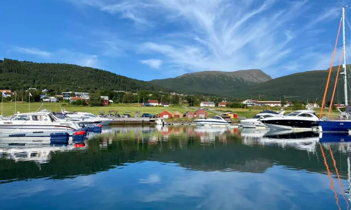 Elnesvågen Småbåtforening: Det er også mulig å legge til i båser på flytebrygga til høyre. I bakgrunnen, opp bakken, er det butikker, apotek osv. Bak flytebrygga til høyre er det lekeplass for barn og en liten sandstrand.