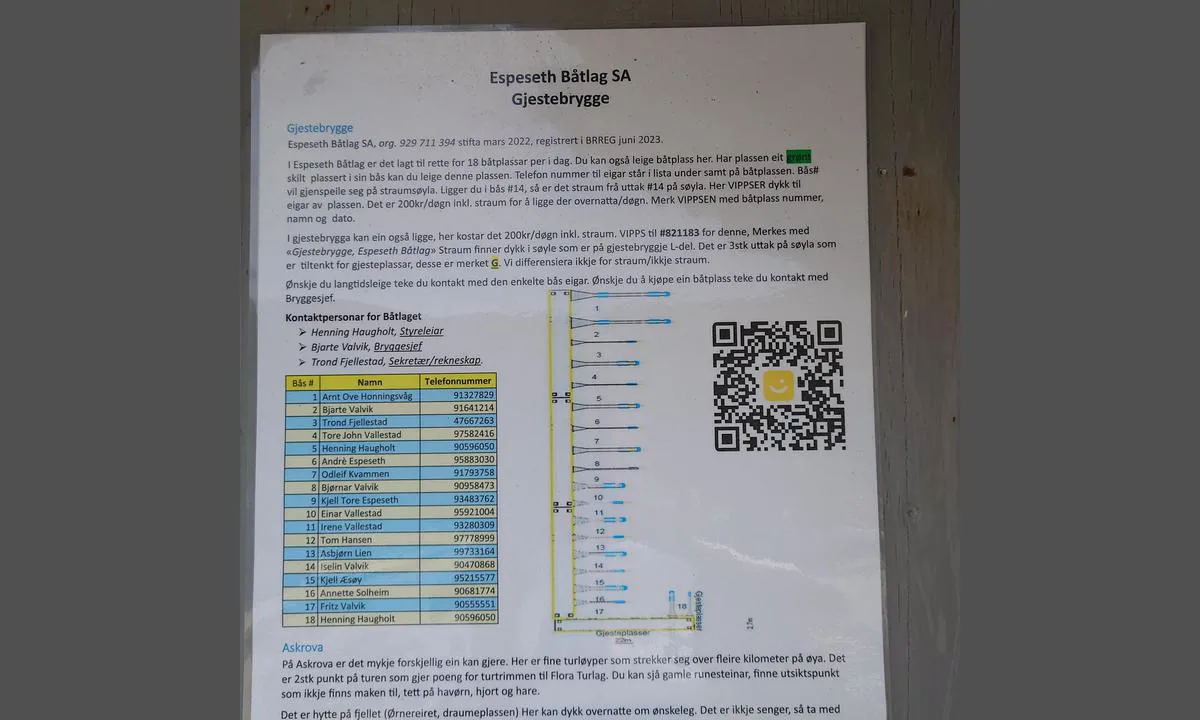 Espeseth Båtlag Gjestebrygge: {"base": "no", "no": "Informasjonsplakat p\u00e5 kaien", "se": "Informationsskylt p\u00e5 kajen", "en": "Information sign on the quay", "da": "Informationsplakat p\u00e5 kajen"}