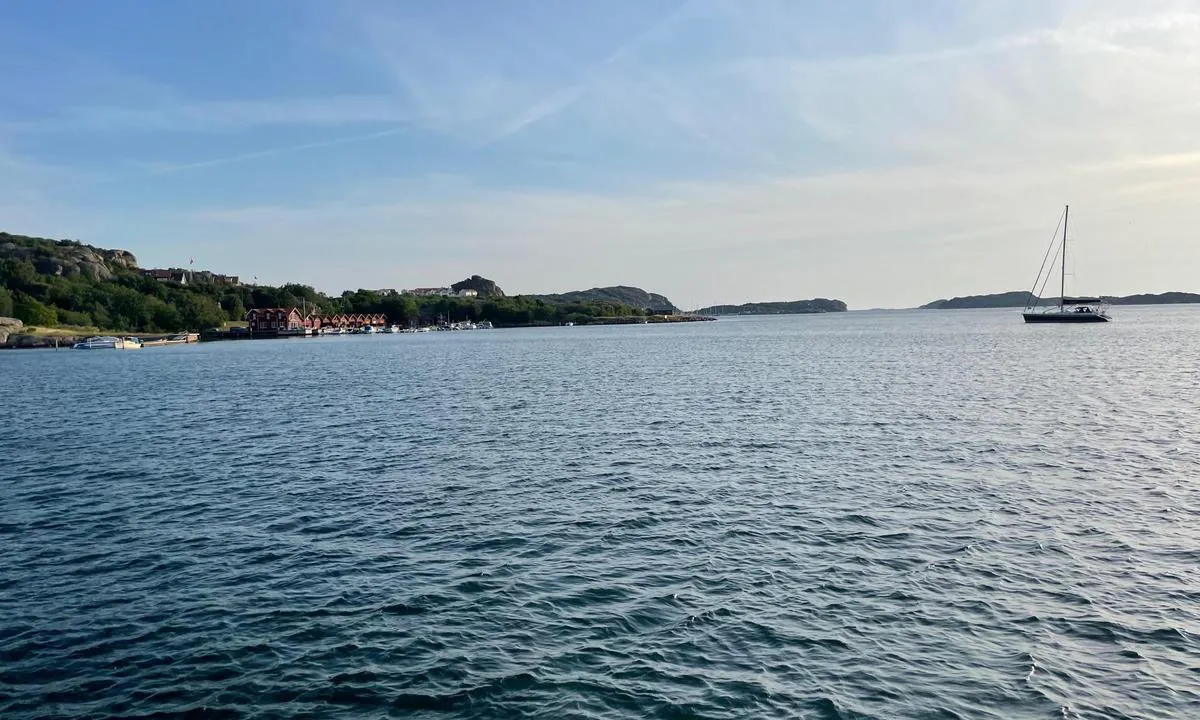 Gerlesborg: Bilde tatt mot syd-vest. Man kan skimte mastene til seilbåtene som ligger inne i gjestehavna i Bovallstrand.