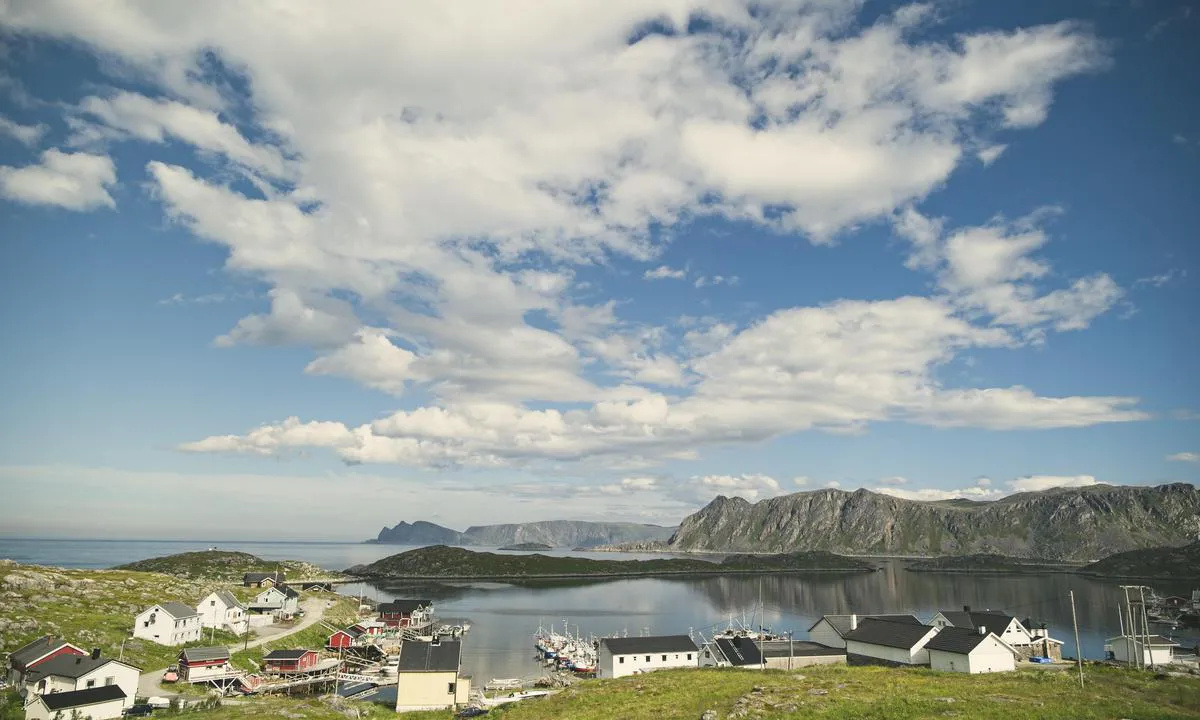 litt av gjesvær. Gjestebrygga er bak husene cirka midt i bildet.