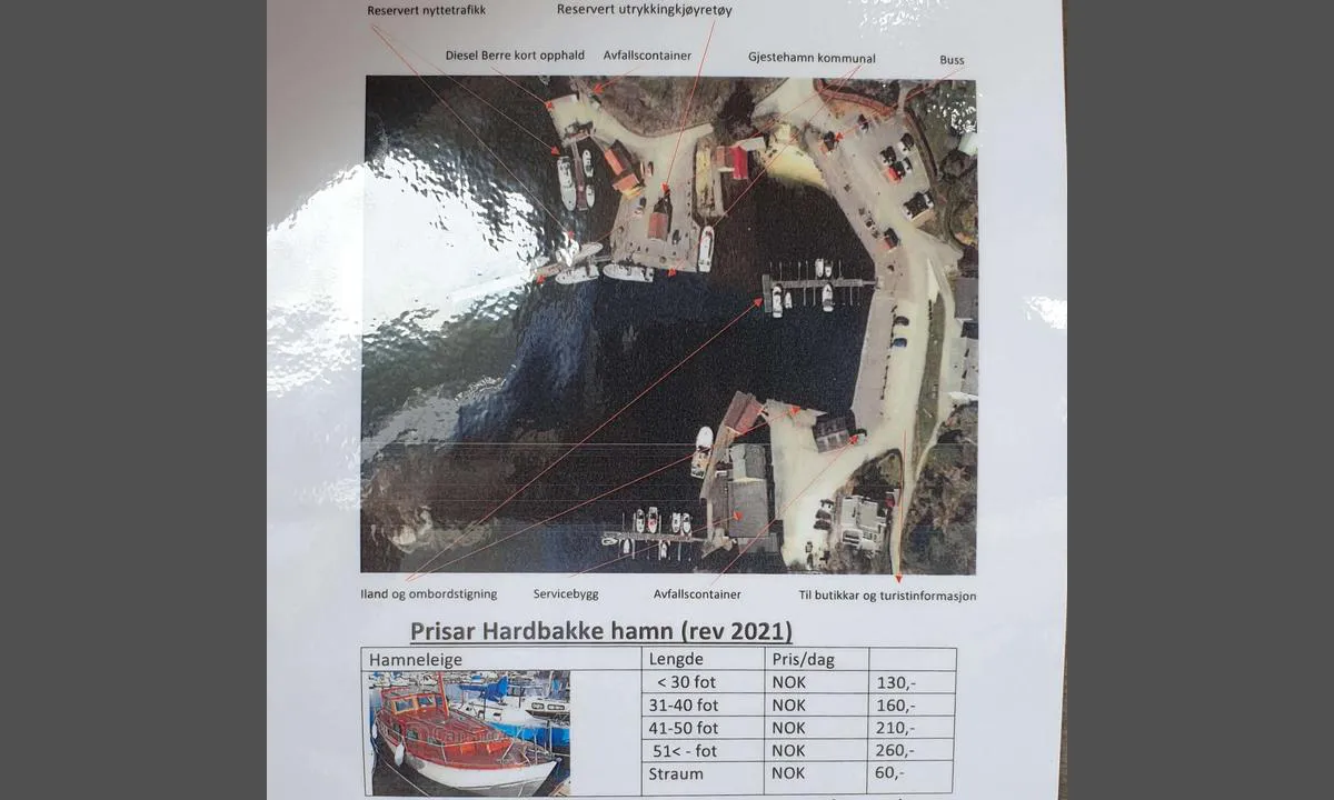 Hardbakke Hamn: Bilde av plakat juli 2021