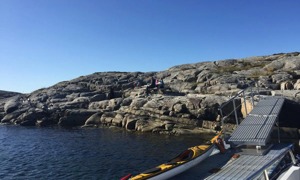 Skogsøy: Benk, bord og utepeis på land.