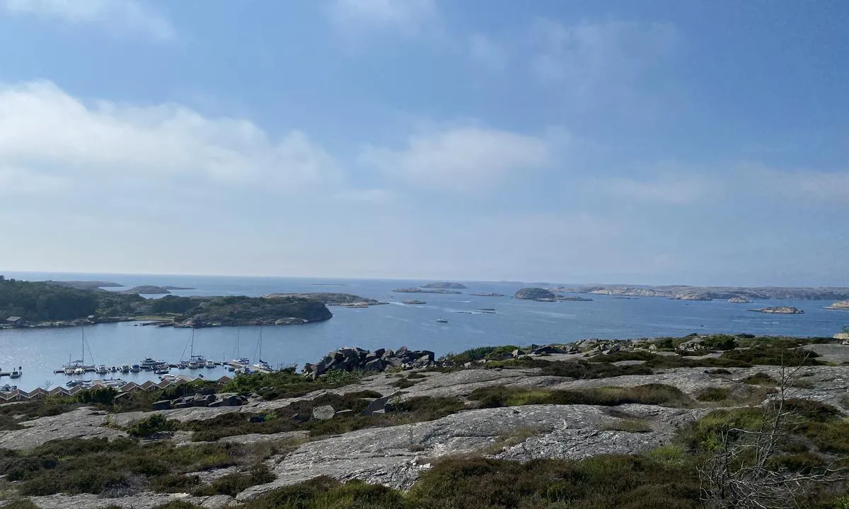 Källareholmen: Utsikt fra fastlandet i øst. Havnen til venstre i bildet har longside gjesteplasser for båter opp til 50 fot.