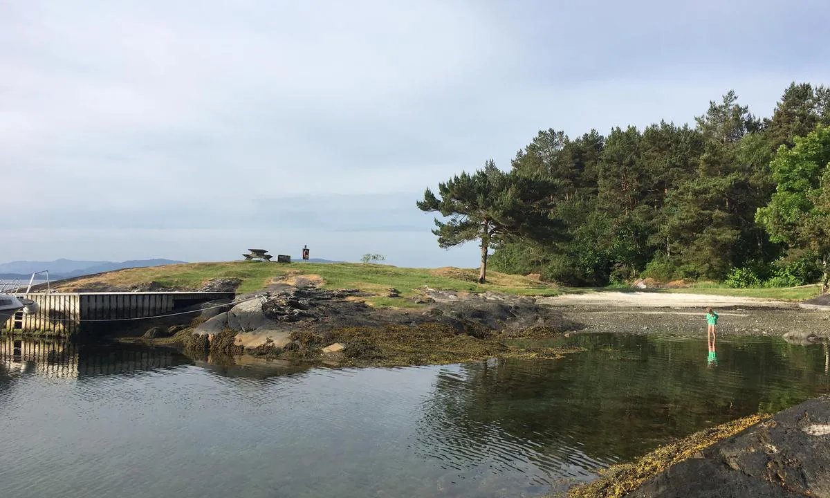 Kalneset: Flott badevik med bunn av sand og stein. Godt å gå på uten badesko.