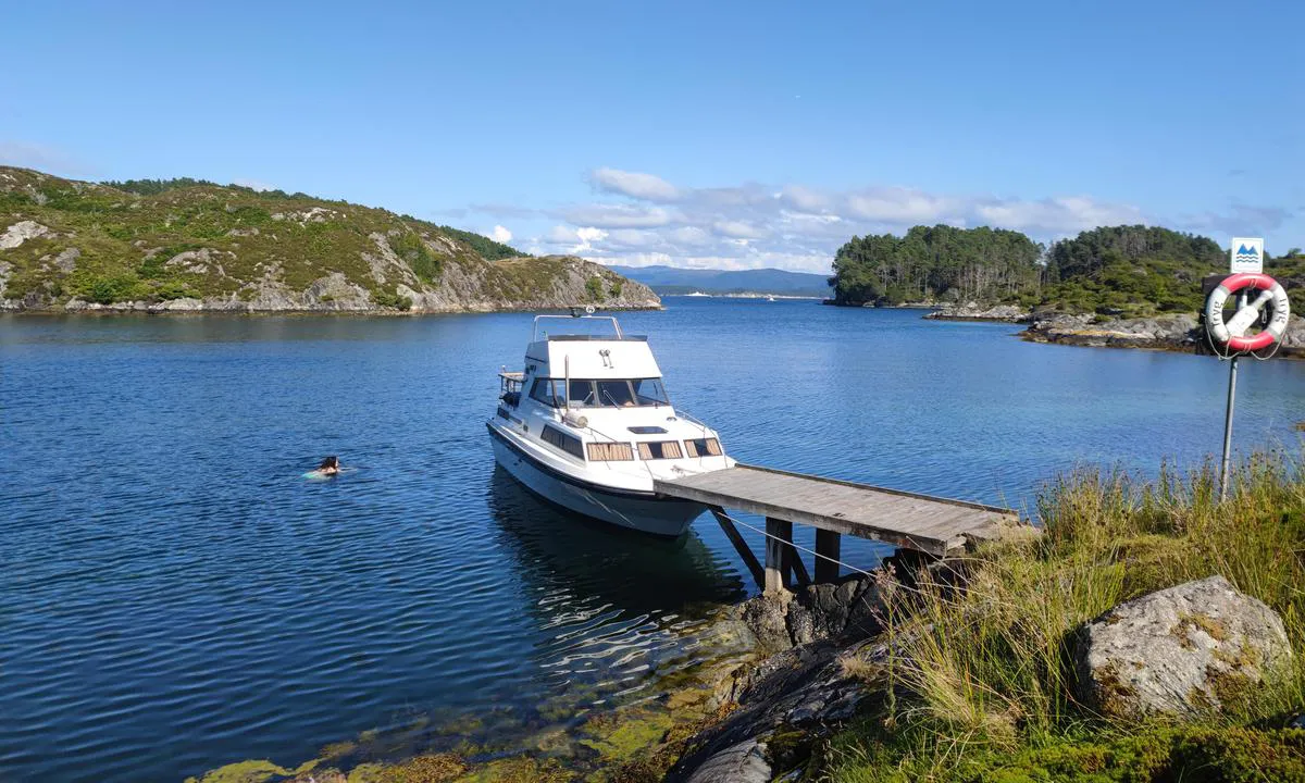 Kalsundholmen Austevoll: Lun og koselig havn i nordavinden i dag