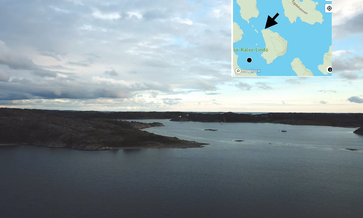 Kalvön - indre basseng - svaiplass: Kalvøen naturhavn sett fra Ejgdeholmen. Killingen til venstre i bildet.