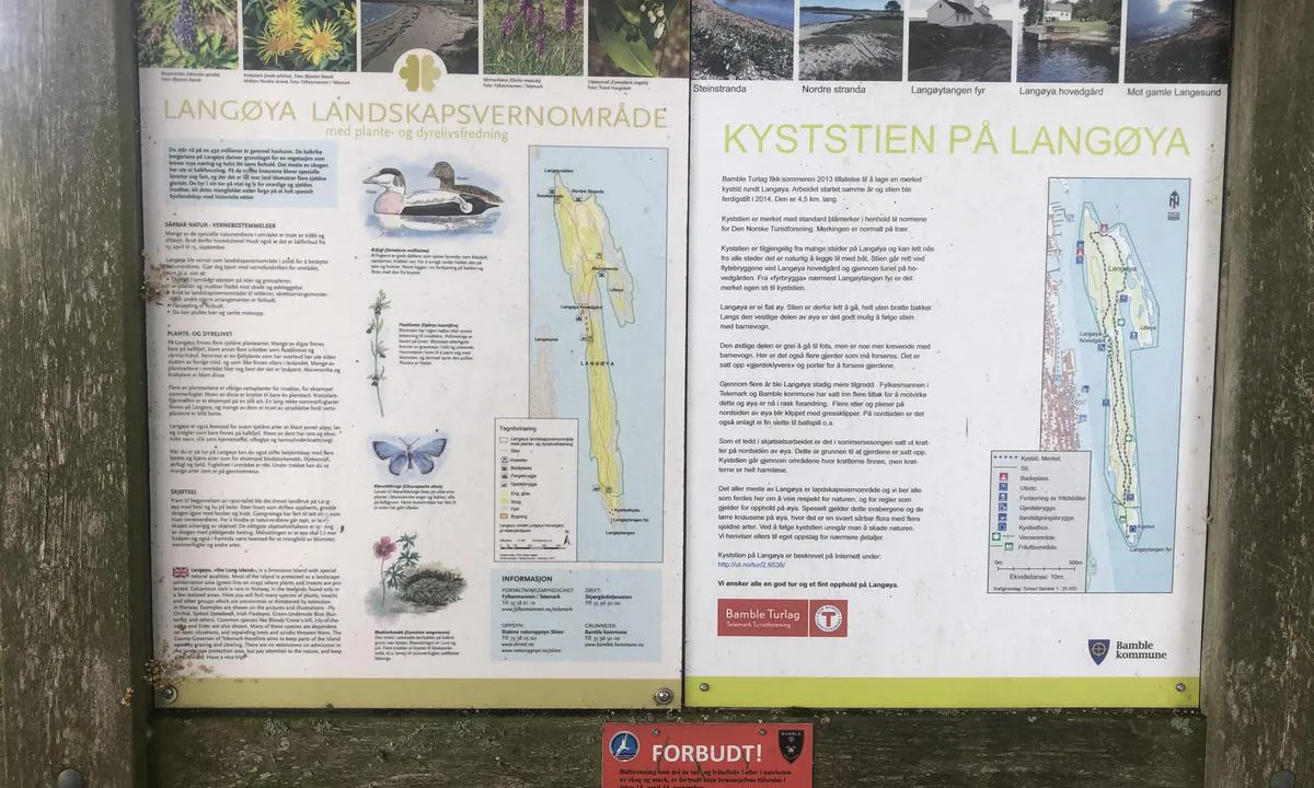 Langesund Gjestehavn, Langøya. : {"base": "no", "no": "Flott tursti rundt \u00f8ya, tar ca. 1 time \u00e5 g\u00e5 runden. Der er ca. 5-6 utedo rundt p\u00e5 \u00f8ya. 1 er rett ved gjestebrygga.", "se": "Fin vandringsled runt \u00f6n, tar ca 1 timme att g\u00e5 runt. Det finns ca 5-6 utedass runt \u00f6n. 1 \u00e4r precis vid g\u00e4stbryggan.", "en": "Great hiking trail around the island, takes about 1 hour to walk the loop. There are about 5-6 outhouses around the island. One is right by the guest pier.", "da": "Flot vandresti rundt om \u00f8en, tager ca. 1 time at g\u00e5 runden. Der er ca. 5-6 udend\u00f8rs toiletter rundt p\u00e5 \u00f8en. 1 er lige ved g\u00e6stebroen."}