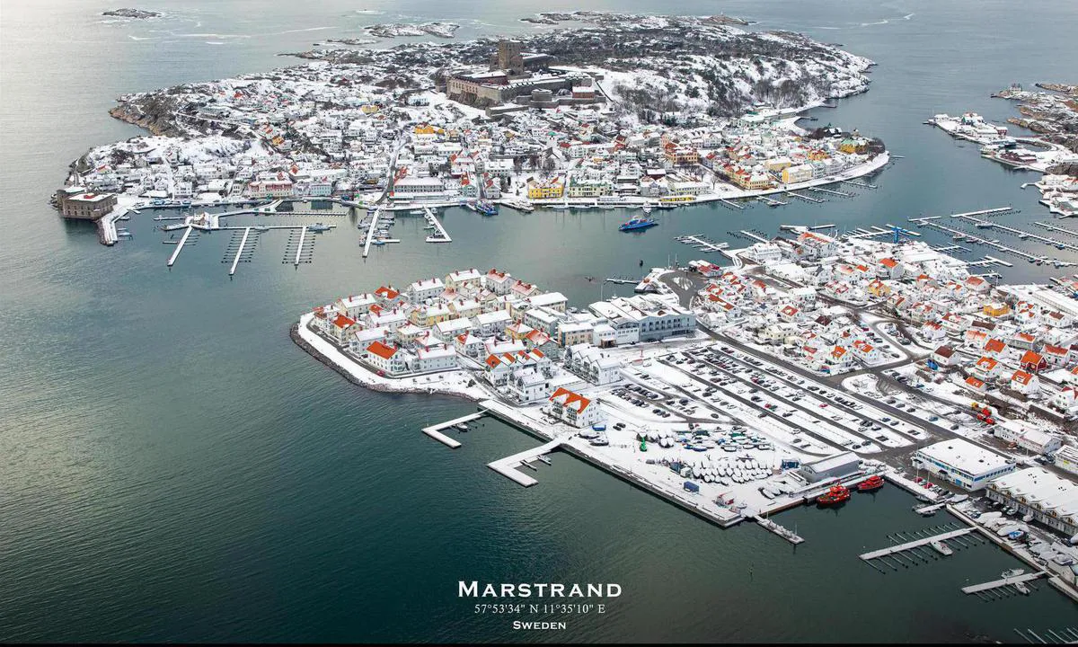 Aerial photo of Marstrand. Presented in cooperation with fotoflyg.se. You can order this as a framed print on their website (link below). Use code "harbourmaps" to get a 10% rebate