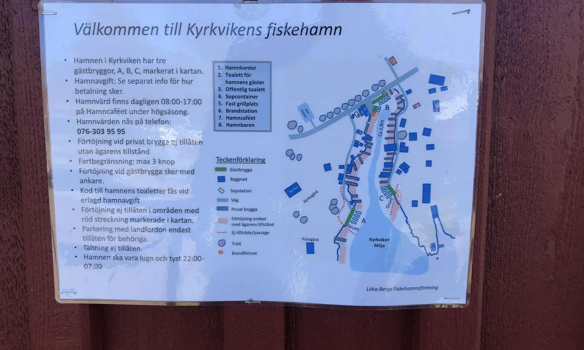 Kyrkviken - Möja: Guests in Möja can moor on the piers marked in green on the map. Also indicated by the letters A, B and C.