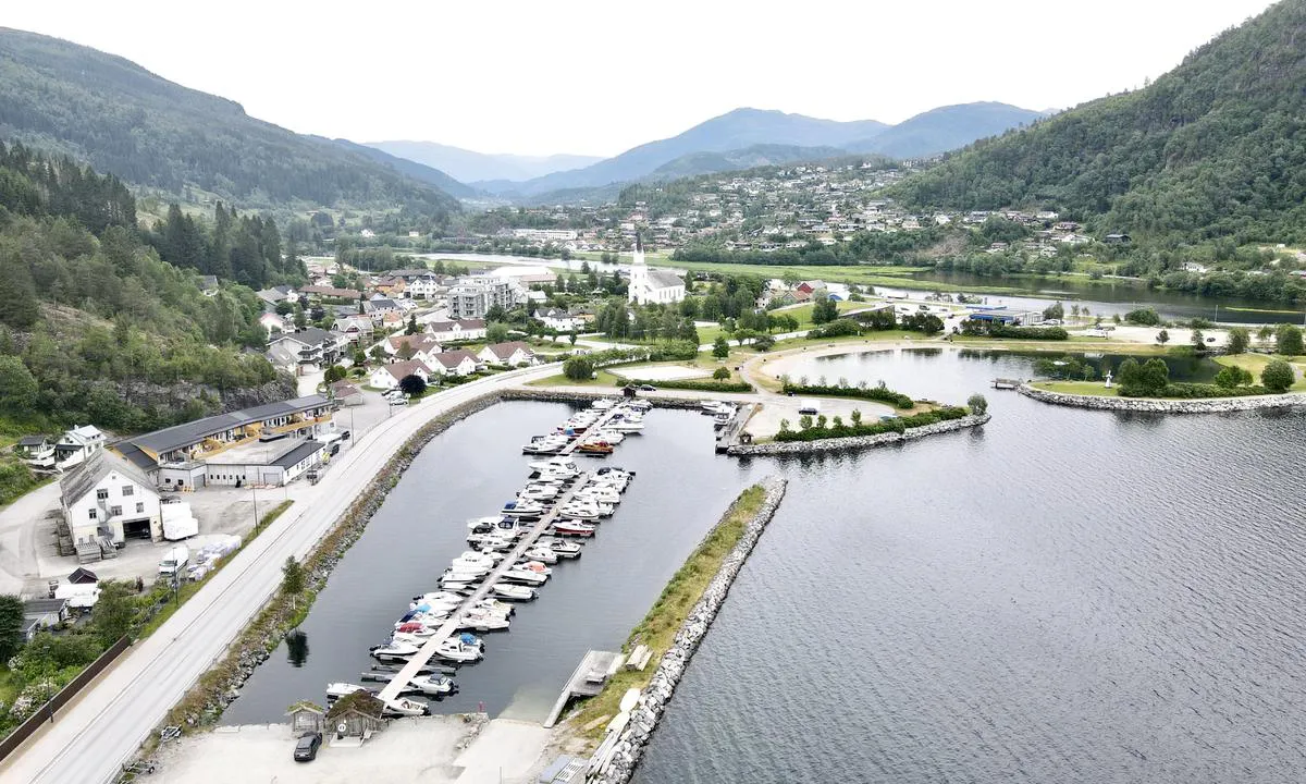 Naustdal harbour to left and swimming/platy area to the right.