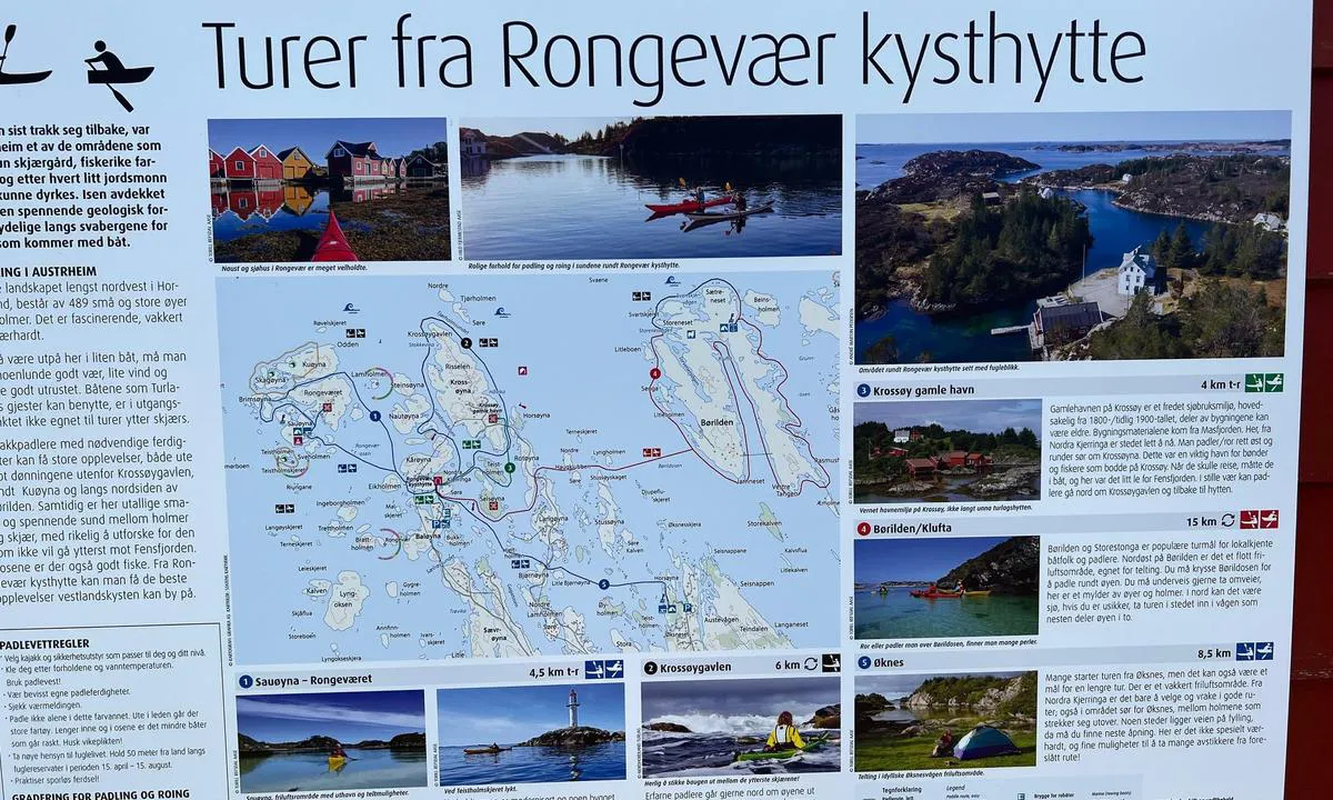 Nordre Kjerringa, Rongevær Kysthytte (DNT, Bergen: {"base": "no", "no": "Omr\u00e5det byr p\u00e5 flott skj\u00e6rg\u00e5rd, fra ville brenninger til skjermet farvann. Det er kort jolle eller kajakk-tur til Sj\u00f8buosen/Sau\u00f8y, hvor BOFs friomr\u00e5det liger (https://vestkystparken.no). Her er det en flott sand-lagune, kai og bolter i fjellet til fort\u00f8yning. Det er ogs\u00e5 kort til Sels\u00f8y hvor det var radiostasjon og Shetlandsfart under 2 verdenskrig. Her er det mulig med ilandstigning via flytebrygge og sti p\u00e5 \u00f8yen.", "se": "Omr\u00e5det bjuder p\u00e5 vacker sk\u00e4rg\u00e5rd, fr\u00e5n vilda br\u00e4nningar till skyddade vatten. Det \u00e4r en kort jolle- eller kajaktur till Sj\u00f8buosen/Sau\u00f8y, d\u00e4r BOFs friluftsomr\u00e5de ligger (https://vestkystparken.no). H\u00e4r finns en vacker sandlagun, kaj och bultar i berget f\u00f6r f\u00f6rt\u00f6jning. Det \u00e4r ocks\u00e5 kort till Sels\u00f8y d\u00e4r det fanns en radiostation och Shetlandstrafik under andra v\u00e4rldskriget. H\u00e4r \u00e4r det m\u00f6jligt att g\u00e5 iland via flytbrygga och stig p\u00e5 \u00f6n.", "en": "The area offers beautiful archipelago, from wild breakers to sheltered waters. It is a short dinghy or kayak trip to Sj\u00f8buosen/Sau\u00f8y, where BOF's free area is located (https://vestkystparken.no). Here there is a lovely sand lagoon, quay, and bolts in the rock for mooring. It is also a short distance to Sels\u00f8y, where there was a radio station and Shetland traffic during World War II. Here it is possible to go ashore via a floating dock and a path on the island.", "da": "Omr\u00e5det byder p\u00e5 flot sk\u00e6rg\u00e5rd, fra vilde br\u00e6ndinger til beskyttet farvand. Det er en kort jolle- eller kajaktur til Sj\u00f8buosen/Sau\u00f8y, hvor BOFs friareal ligger (https://vestkystparken.no). Her er der en flot sandlagune, kaj og bolte i fjeldet til fort\u00f8jning. Det er ogs\u00e5 kort til Sels\u00f8y, hvor der var radiostation og Shetlandsfart under 2. verdenskrig. Her er det muligt med ilandstigning via flydebro og sti p\u00e5 \u00f8en."}