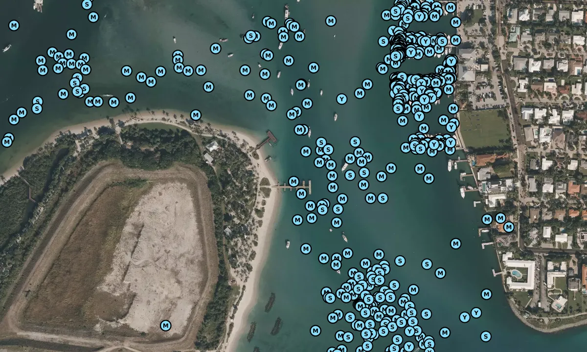 Satelite image of Peanut Island Park, Campground, and Dock