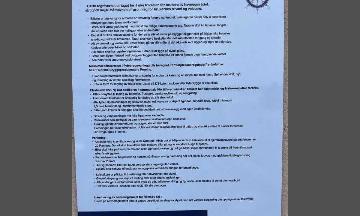 Ramsøy kai: {"base": "da", "no": "Havneregler.", "se": "Hamnregler.", "en": "Harbour Rules", "da": "Havneregler."}
