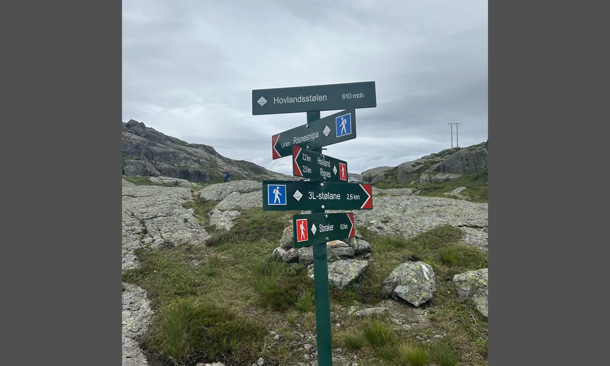 Hovlandsstøne like bak dette skiltet. Følg gul løype til venstre for å komme til Risnesnipa