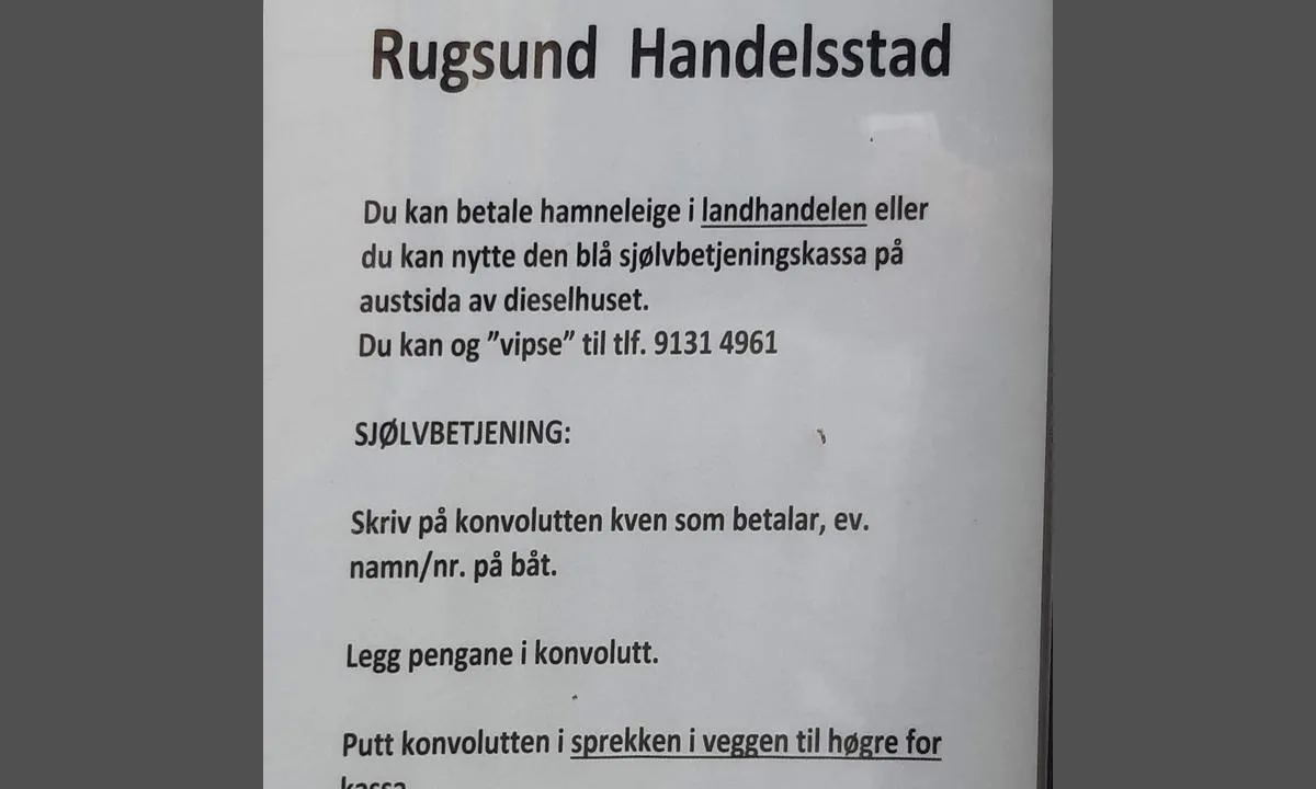 Rugsund Handelstad: Liste over pris og betalingsmuligheter.