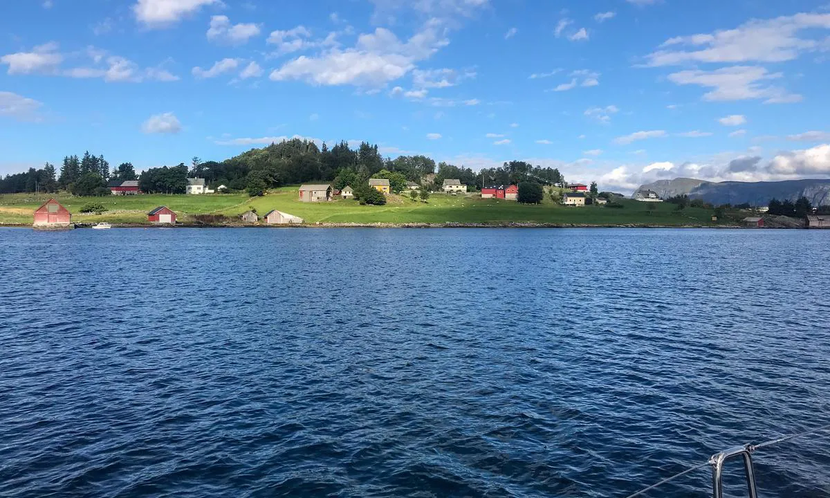 Sjøaker: View from about middle of the bay towards west, with the mountain of Stadt in the right background.