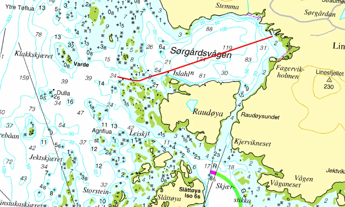 Innseiling til Sørgårdsvågen fra vest er godt merket med varde på Klakkskjæret og jernstaker. OBS! Enkelte av jernstakene mangler retningsanvisere.

Moloåpningen er merket med en rød lykt. Lykta er privat, og ikke inntegnet i sjøkartet.