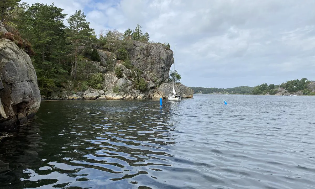 Noen har lagt ut bøyer for akterfortøyning for baug mot fjell NØ på Stegelholmen.