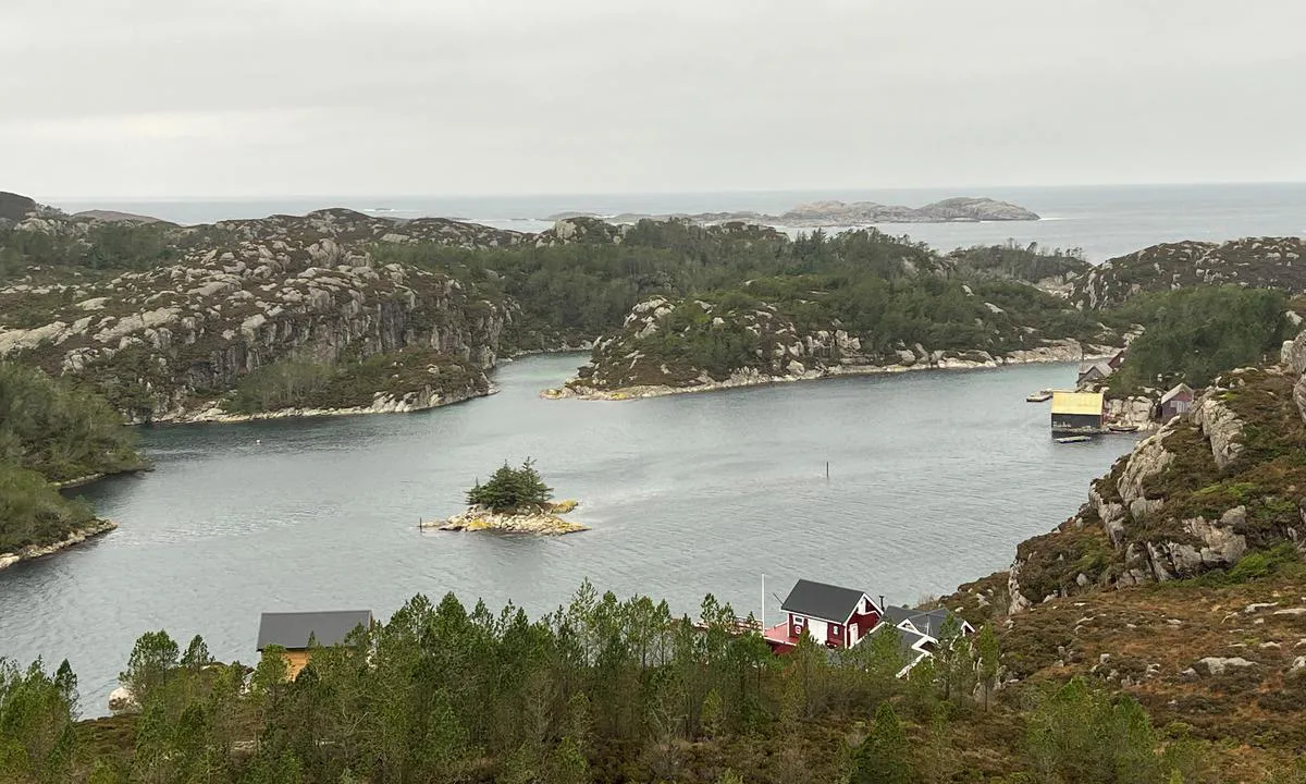 Turøy Kobbeviken: Kobbeviken med sjøhus. Sandøy sees ute i havet bakenfor, flott sted å anløpe i godt vær.