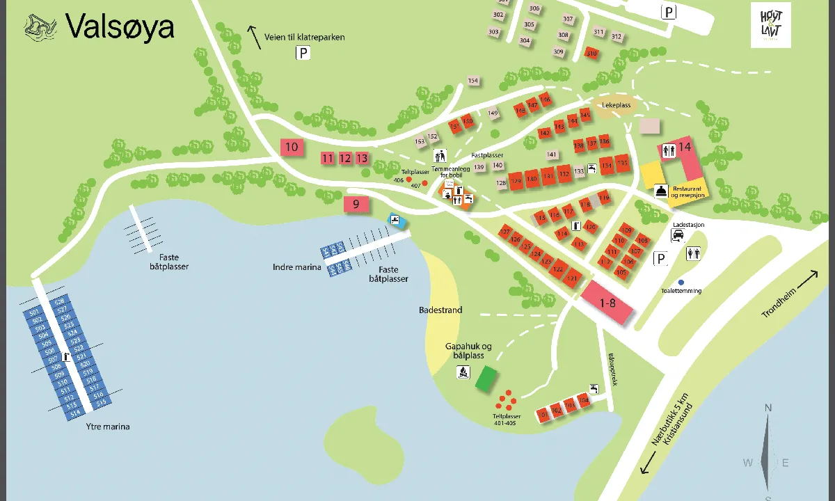 Områdekart over Valsøytunet med marina, campingplass, restaurant og klatrepark. 
Man kan sjekke inn og betale gjennom vår nettside, men om man vil sjekke inn manuelt, henvender man seg i resepsjon. 

Toalettfasiliteter er felles for camping og marina.