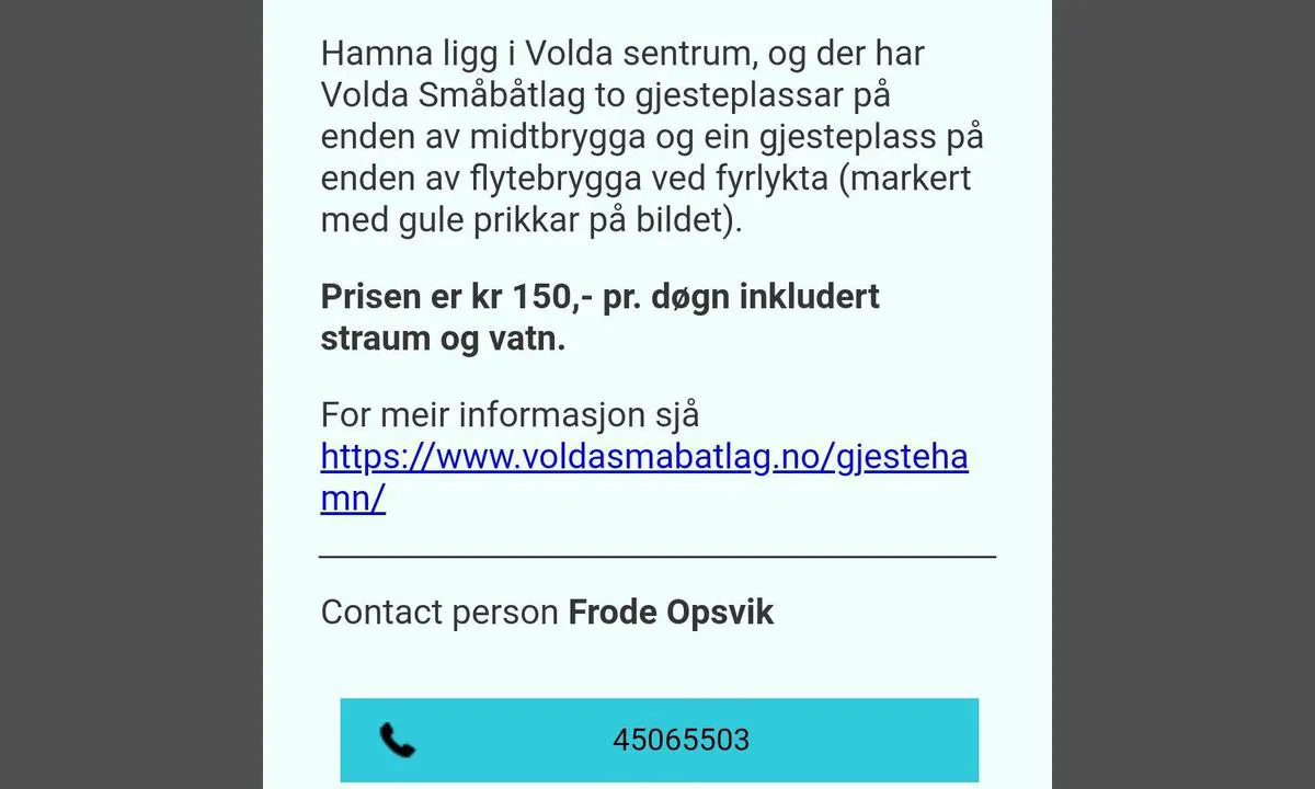 Volda: {"base": "no", "no": "Go Marina appen som viser at skiltopplysningene vedr betaling p\u00e5 vipps med kr. 100.- er utdatert.", "se": "Go Marina appen som visar att skyltinformationen ang\u00e5ende betalning p\u00e5 vipps med kr. 100.- \u00e4r f\u00f6r\u00e5ldrad.", "en": "The Go Marina app indicates that the information on the sign regarding payment via Vipps with NOK 100 is outdated.", "da": "Go Marina app'en som viser, at skiltoplysningerne vedr\u00f8rende betaling med Vipps p\u00e5 kr. 100,- er for\u00e6ldede."}