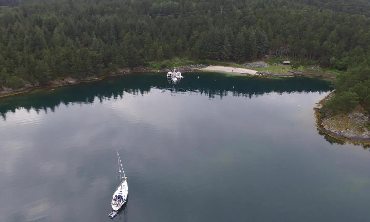 Vorlandsvågen: Sett fra sørøst.
To fortøyningsbøyer ligger også i vågen.